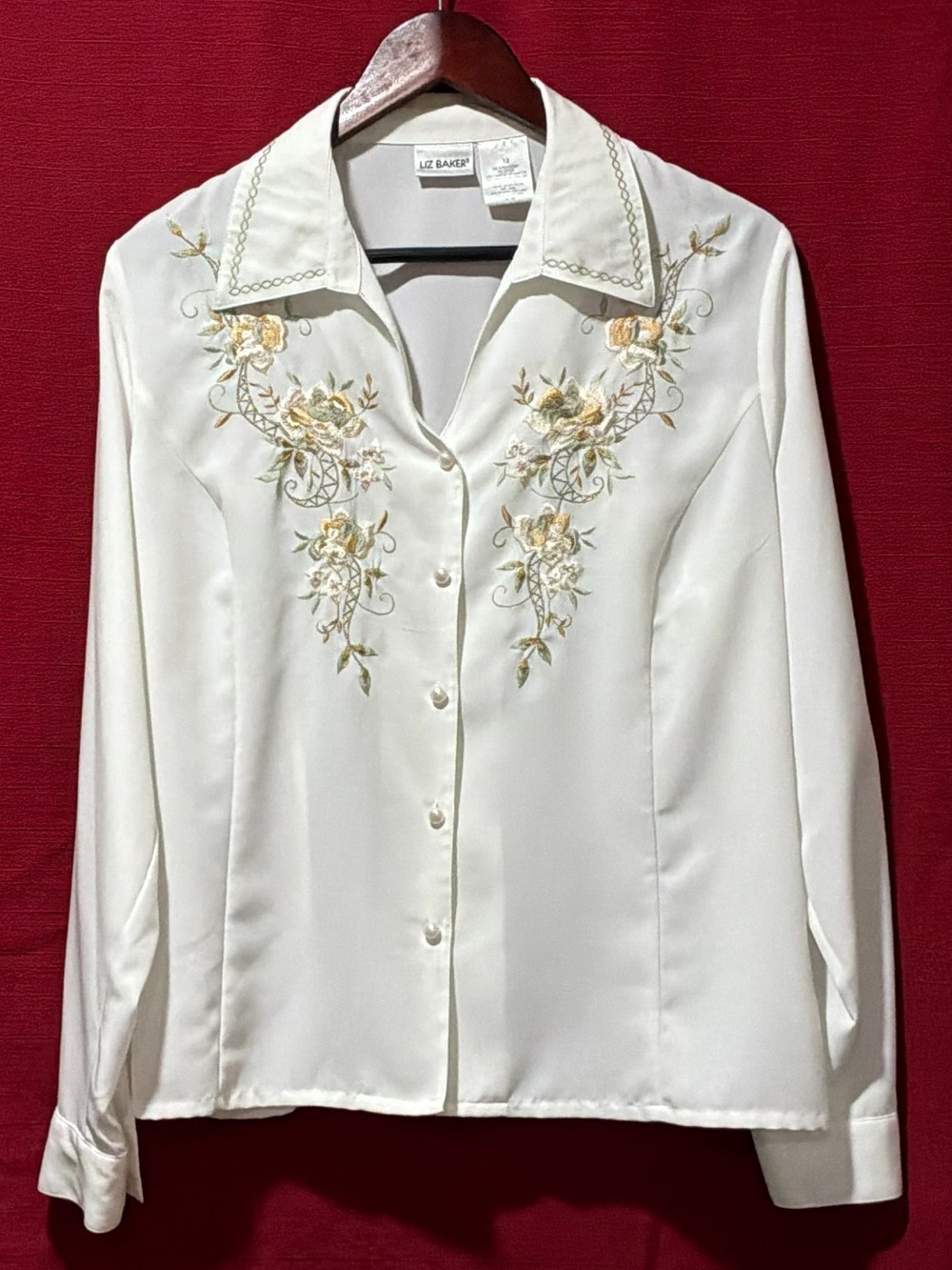 Liz Baker Ivory Button-Down Blouse with Floral Embroidery